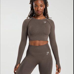 Gymshark Vital Seamless 2.0 Long Sleeve Crop Top – Brown Marl – Size Medium
